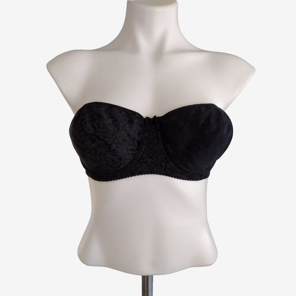 Vintage 1980s Black Strapless Floral Print Lined Underwire Bra Size 38B